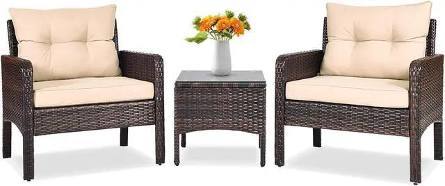 Main image of SlickBlue 3 Pieces Outdoor Patio Rattan Conversation Set with Seat Cushions