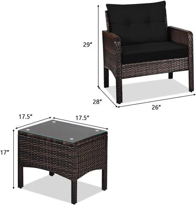 Alt view image 3 of 7 - SlickBlue 3 Pieces Outdoor Patio Rattan Conversation Set with Seat Cushions