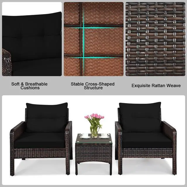 Alt view image 5 of 7 - SlickBlue 3 Pieces Outdoor Patio Rattan Conversation Set with Seat Cushions