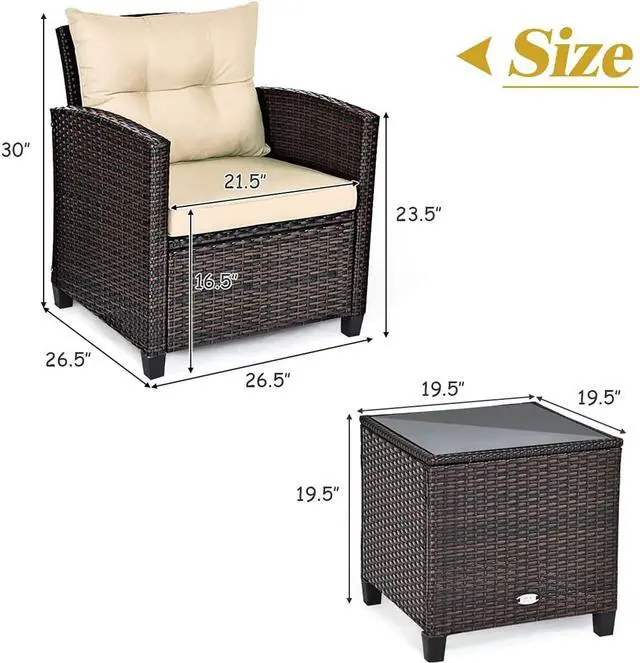 Alt view image 3 of 7 - SlickBlue 3 Pcs Patio Rattan Furniture Set Cushioned Conversation Set Coffee Table