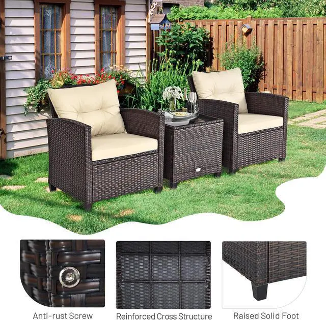 Alt view image 7 of 7 - SlickBlue 3 Pcs Patio Rattan Furniture Set Cushioned Conversation Set Coffee Table