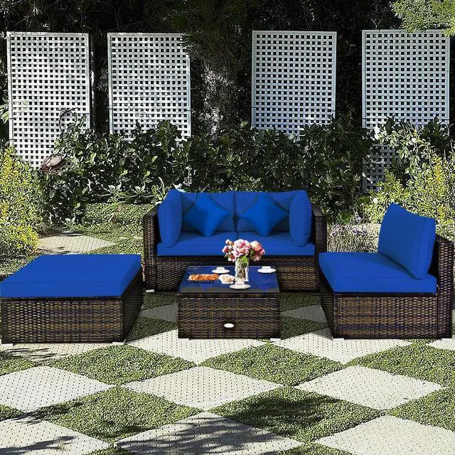 Alt view image 7 of 7 - SlickBlue 5 Pcs Outdoor Patio Rattan Furniture Set Sectional Conversation with Cushions