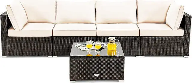 Alt view image 2 of 7 - SlickBlue 5 Pieces Cushioned Patio Rattan Furniture Set with Glass Table