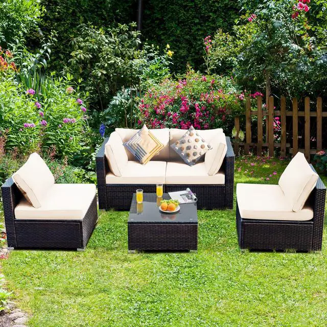 Alt view image 7 of 7 - SlickBlue 5 Pieces Cushioned Patio Rattan Furniture Set with Glass Table