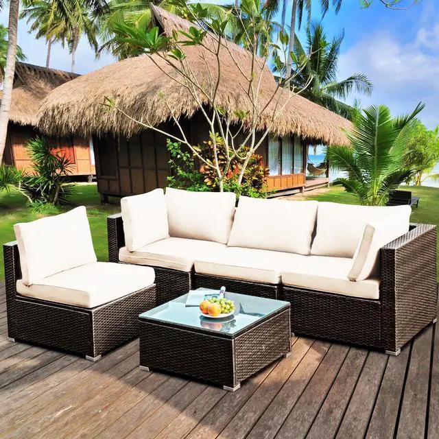Alt view image 3 of 7 - SlickBlue 5 Pieces Cushioned Patio Rattan Furniture Set with Glass Table