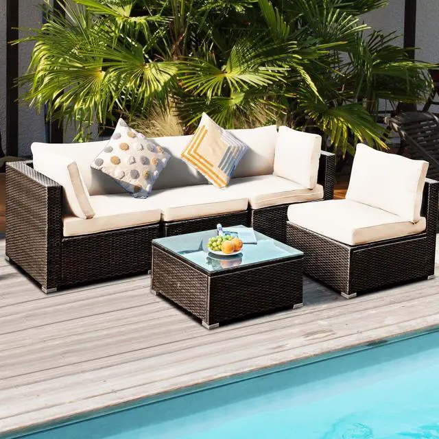 Alt view image 4 of 7 - SlickBlue 5 Pieces Cushioned Patio Rattan Furniture Set with Glass Table
