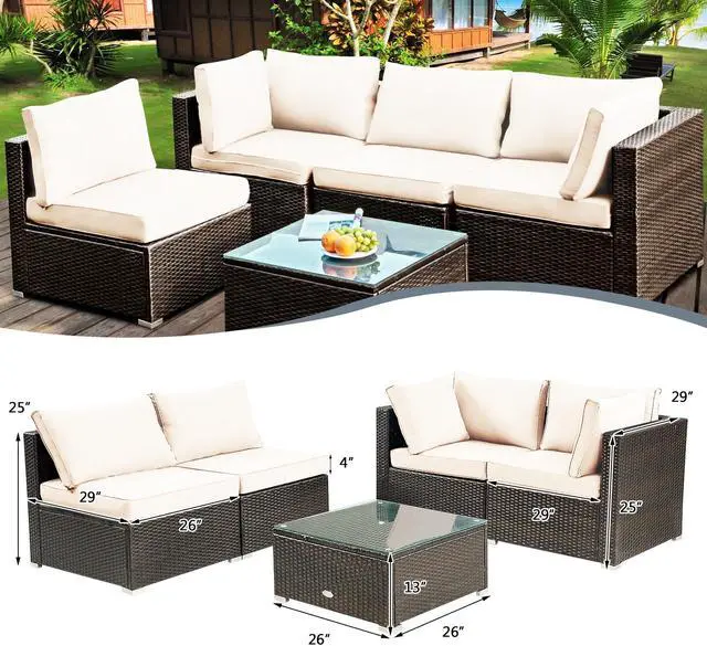 Alt view image 5 of 7 - SlickBlue 5 Pieces Cushioned Patio Rattan Furniture Set with Glass Table