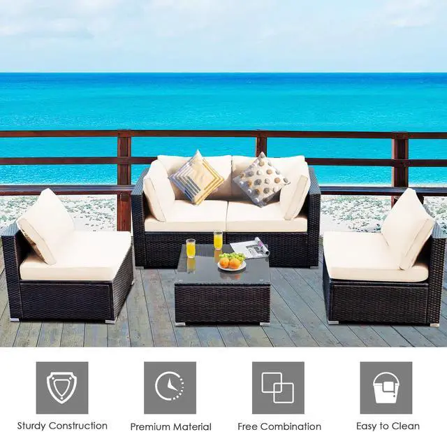 Alt view image 6 of 7 - SlickBlue 5 Pieces Cushioned Patio Rattan Furniture Set with Glass Table