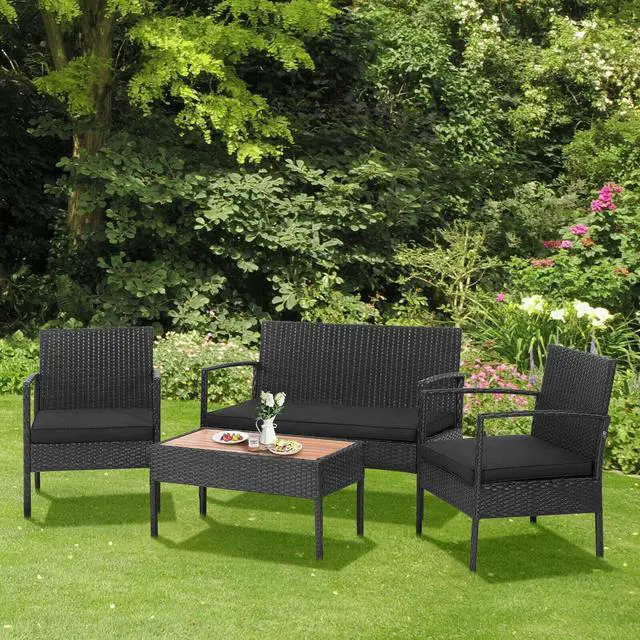 Alt view image 2 of 7 - SlickBlue 4 Pieces Patio Rattan Cushioned Furniture Set with Wooden Tabletop