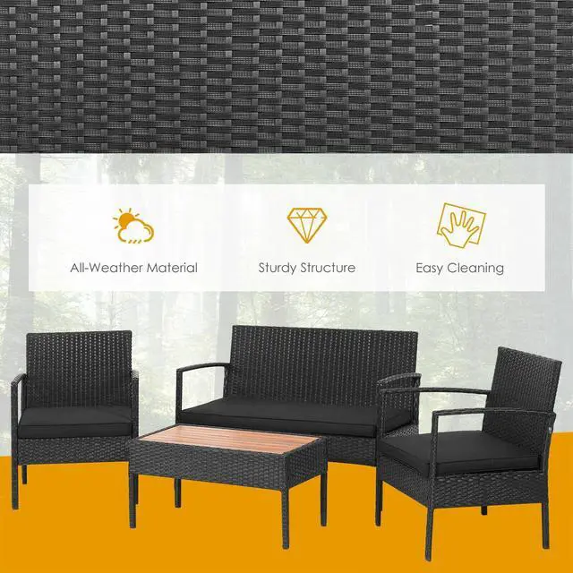 Alt view image 6 of 7 - SlickBlue 4 Pieces Patio Rattan Cushioned Furniture Set with Wooden Tabletop