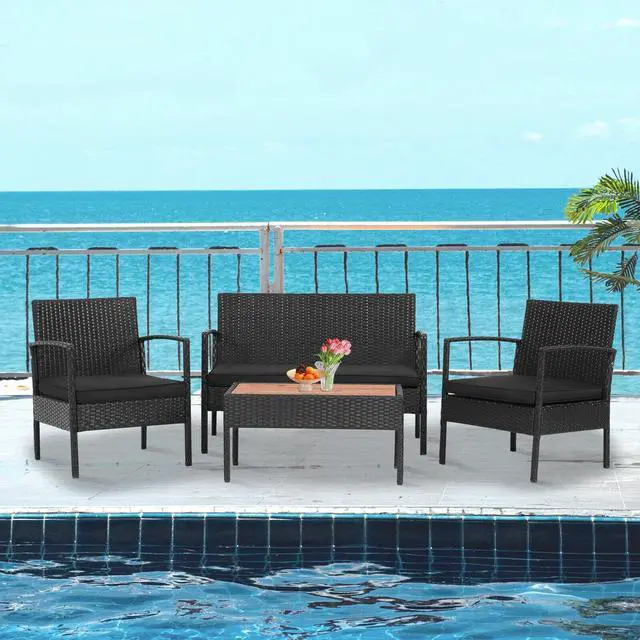 Alt view image 4 of 7 - SlickBlue 4 Pieces Patio Rattan Cushioned Furniture Set with Wooden Tabletop