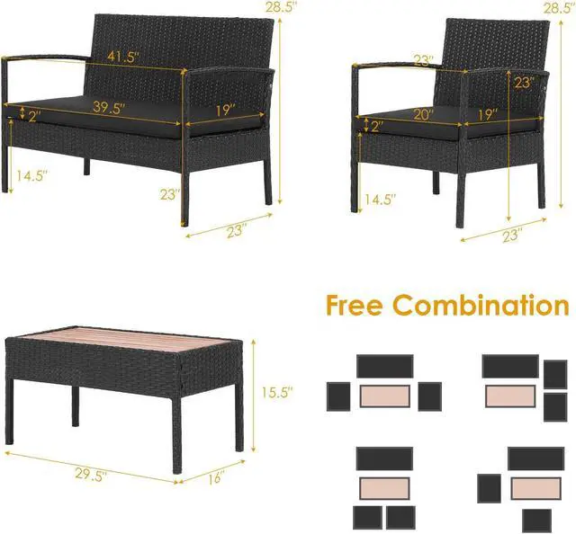 Alt view image 5 of 7 - SlickBlue 4 Pieces Patio Rattan Cushioned Furniture Set with Wooden Tabletop
