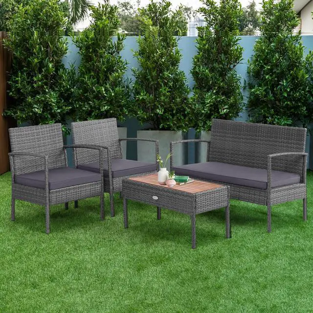 Alt view image 2 of 7 - SlickBlue 4 Pieces Rattan Patio Conversation Furniture Set with Acacia Wood Tabletop