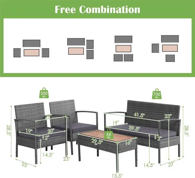 Alt view image 5 of 7 - SlickBlue 4 Pieces Rattan Patio Conversation Furniture Set with Acacia Wood Tabletop
