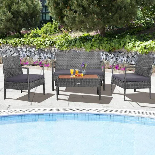 Alt view image 4 of 7 - SlickBlue 4 Pieces Rattan Patio Conversation Furniture Set with Acacia Wood Tabletop