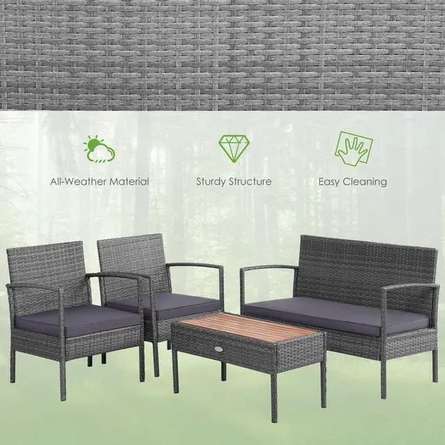 Alt view image 6 of 7 - SlickBlue 4 Pieces Rattan Patio Conversation Furniture Set with Acacia Wood Tabletop