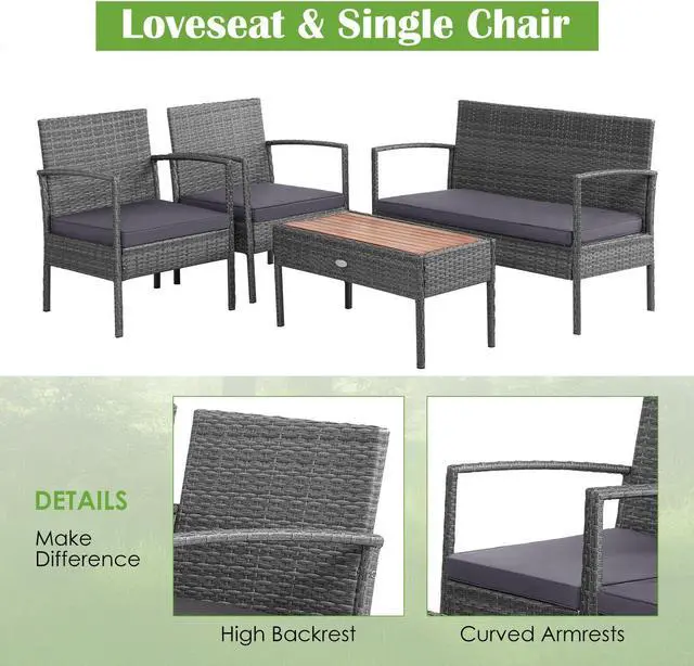 Alt view image 7 of 7 - SlickBlue 4 Pieces Rattan Patio Conversation Furniture Set with Acacia Wood Tabletop
