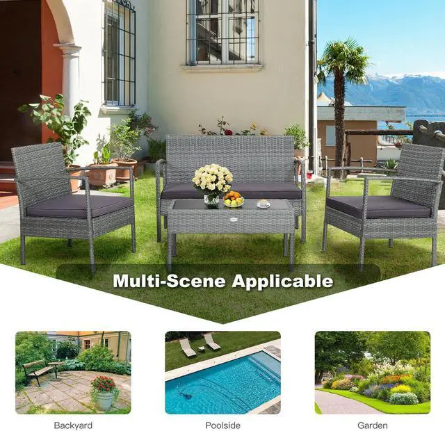 Alt view image 6 of 7 - SlickBlue 4 Pieces Outdoor Rattan Conversation Set with Comfortable Cushion