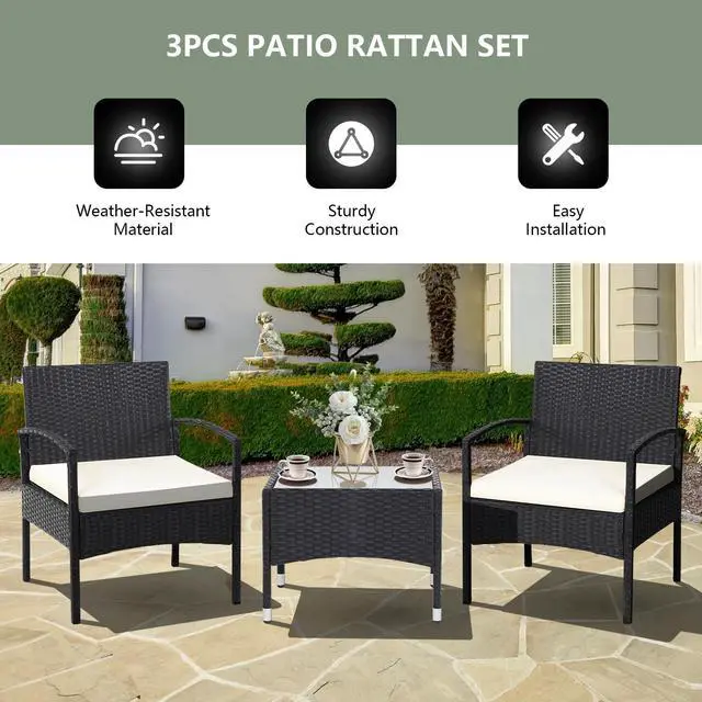 Alt view image 2 of 7 - SlickBlue 3 Pieces Patio Wicker Rattan Furniture Set with Cushion for Lawn Backyard