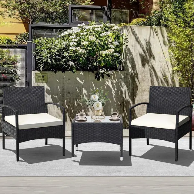 Alt view image 4 of 7 - SlickBlue 3 Pieces Patio Wicker Rattan Furniture Set with Cushion for Lawn Backyard