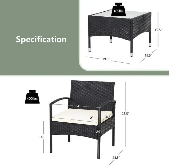 Alt view image 3 of 7 - SlickBlue 3 Pieces Patio Wicker Rattan Furniture Set with Cushion for Lawn Backyard