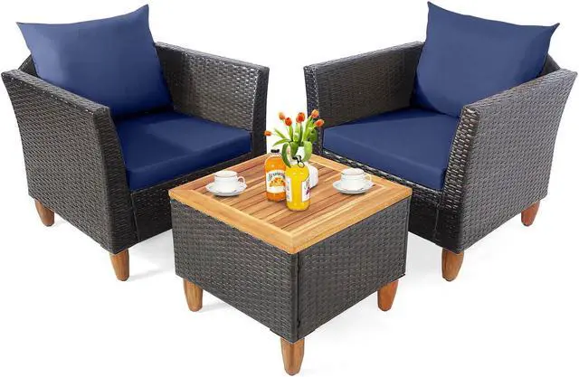 Alt view image 2 of 7 - SlickBlue 3 Pieces Patio Rattan Bistro Furniture Set with Wooden Table Top