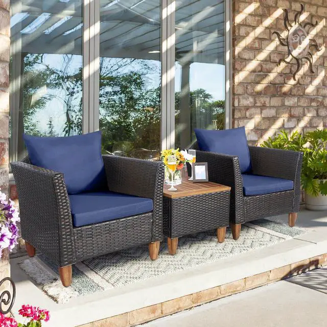 Alt view image 4 of 7 - SlickBlue 3 Pieces Patio Rattan Bistro Furniture Set with Wooden Table Top