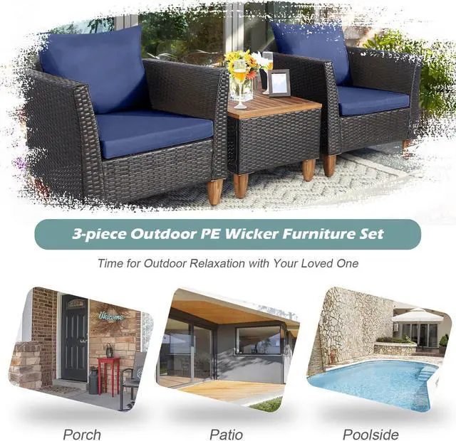 Alt view image 7 of 7 - SlickBlue 3 Pieces Patio Rattan Bistro Furniture Set with Wooden Table Top