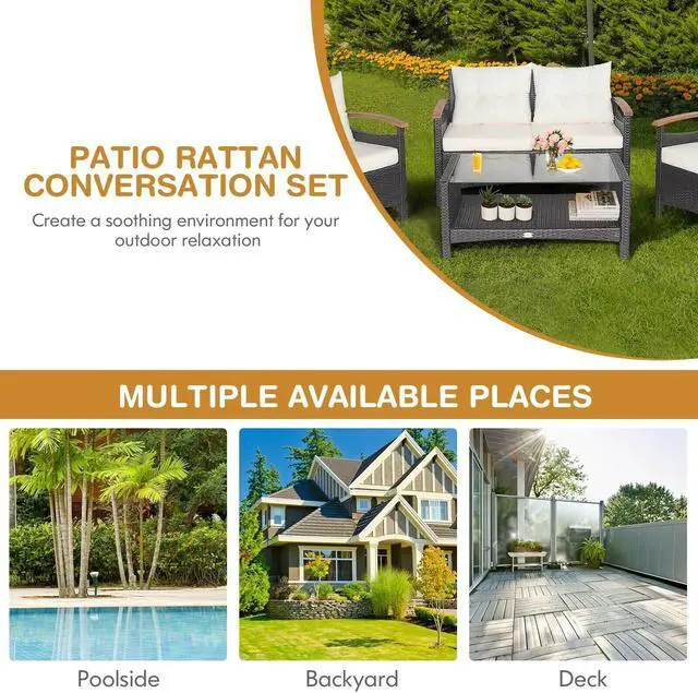 Alt view image 2 of 7 - SlickBlue 4 Pieces Patio Rattan Furniture Set with Cushioned Sofa and Storage Table