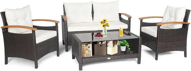 Alt view image 3 of 7 - SlickBlue 4 Pieces Patio Rattan Furniture Set with Cushioned Sofa and Storage Table