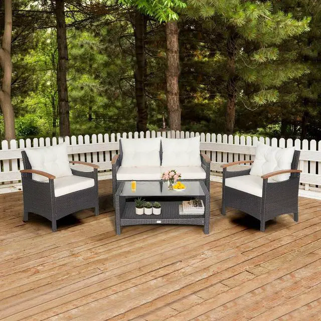Alt view image 4 of 7 - SlickBlue 4 Pieces Patio Rattan Furniture Set with Cushioned Sofa and Storage Table