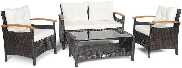 Main image of SlickBlue 4 Pieces Patio Rattan Furniture Set with Cushioned Sofa and Storage Table