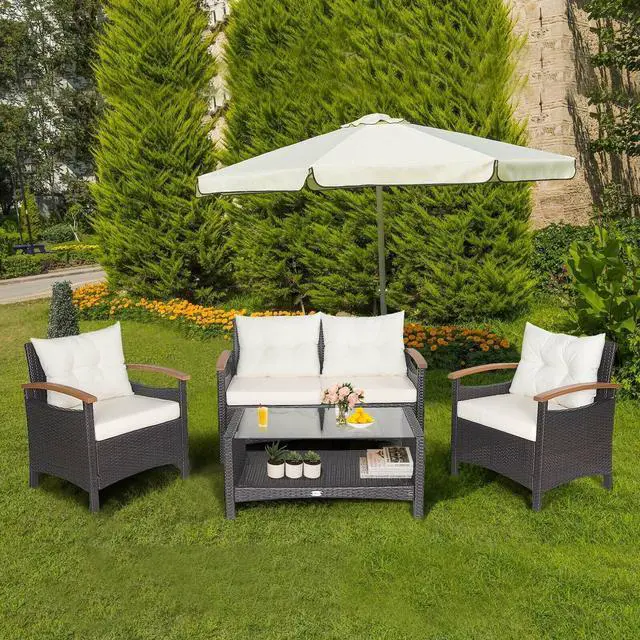 Alt view image 7 of 7 - SlickBlue 4 Pieces Patio Rattan Furniture Set with Cushioned Sofa and Storage Table
