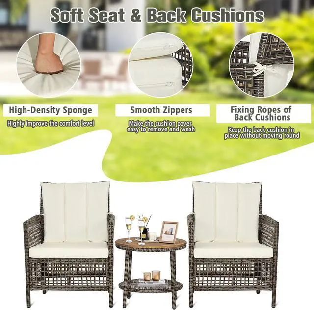 Alt view image 2 of 7 - SlickBlue 3 Pieces Patio Rattan Furniture Set with Cushioned Sofas and Wood Table Top