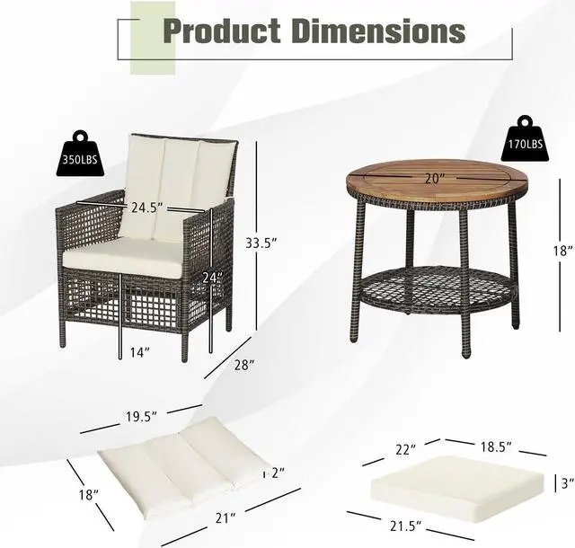 Alt view image 5 of 7 - SlickBlue 3 Pieces Patio Rattan Furniture Set with Cushioned Sofas and Wood Table Top