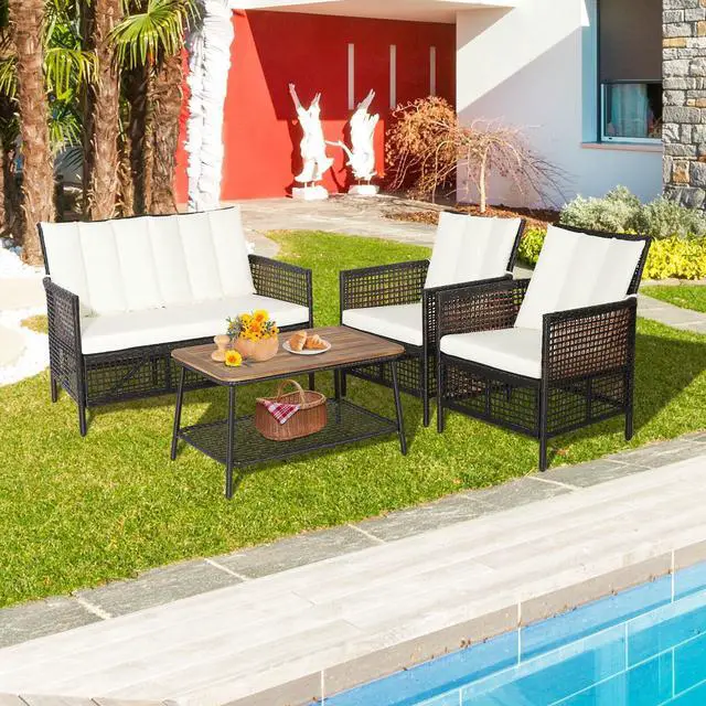 Alt view image 4 of 7 - SlickBlue 4 Pieces Patio Rattan Furniture Set with 2-Tier Coffee Table