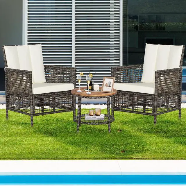 Alt view image 7 of 7 - SlickBlue 3 Pieces Patio Rattan Furniture Set with Cushioned Sofas and Wood Table Top