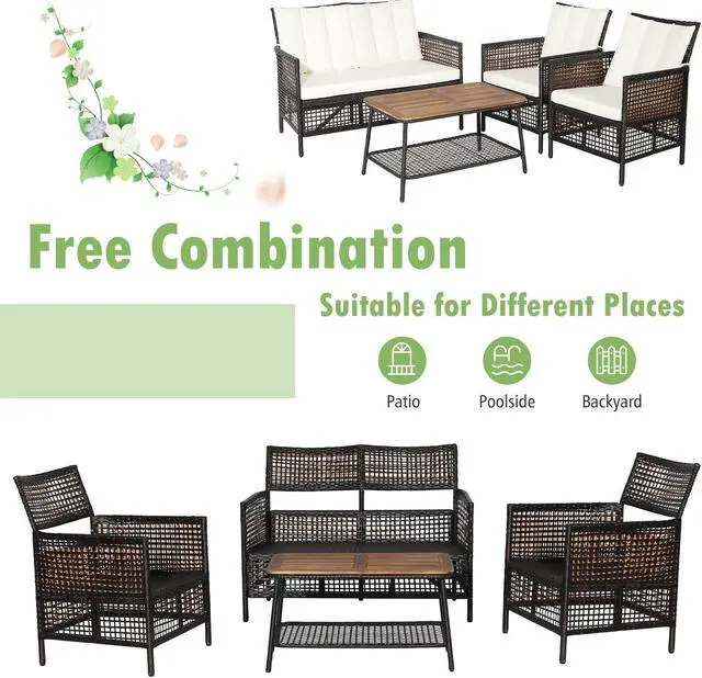 Alt view image 2 of 7 - SlickBlue 4 Pieces Patio Rattan Furniture Set with 2-Tier Coffee Table