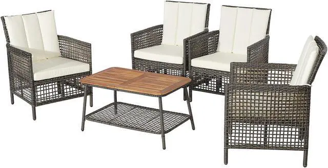 Main image of SlickBlue 5 Pieces Patio Rattan Furniture Set Cushioned Sofa Armrest Wooden Tabletop