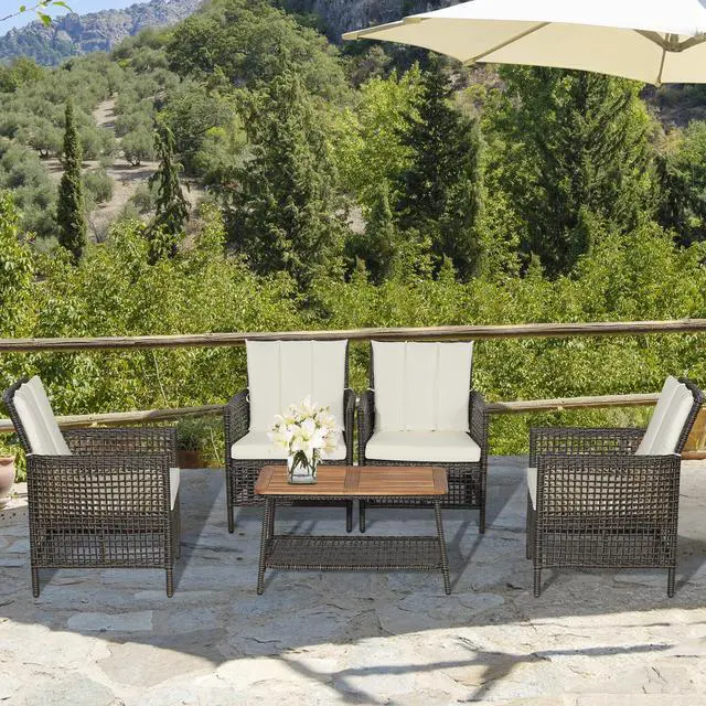 Alt view image 4 of 7 - SlickBlue 5 Pieces Patio Rattan Furniture Set Cushioned Sofa Armrest Wooden Tabletop
