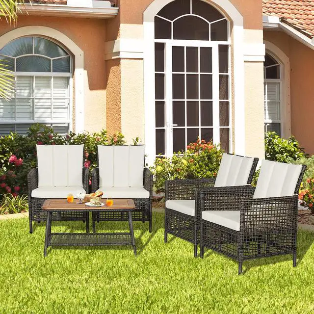 Alt view image 7 of 7 - SlickBlue 5 Pieces Patio Rattan Furniture Set Cushioned Sofa Armrest Wooden Tabletop