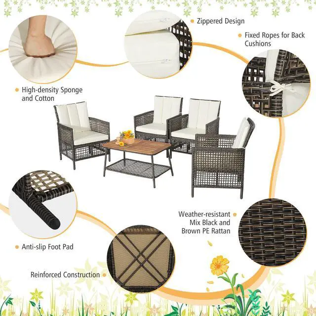 Alt view image 6 of 7 - SlickBlue 5 Pieces Patio Rattan Furniture Set Cushioned Sofa Armrest Wooden Tabletop