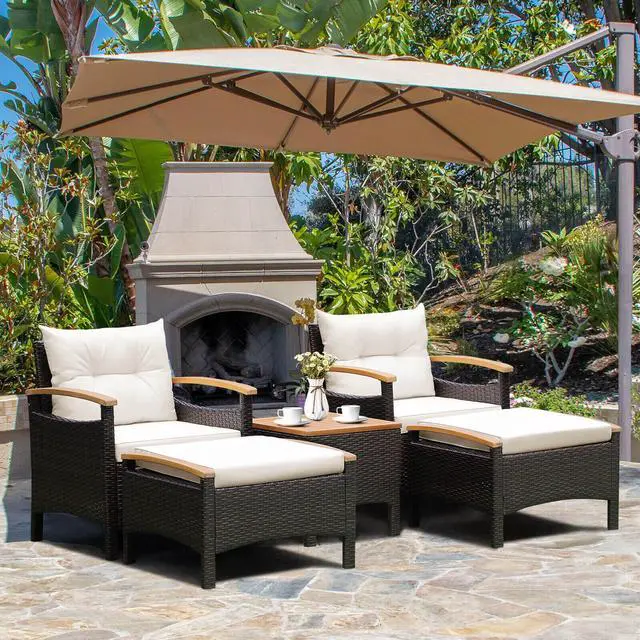 Alt view image 2 of 7 - SlickBlue 5 Pieces Patio Conversation Set with Cushions Coffee Table and 2 Ottomans