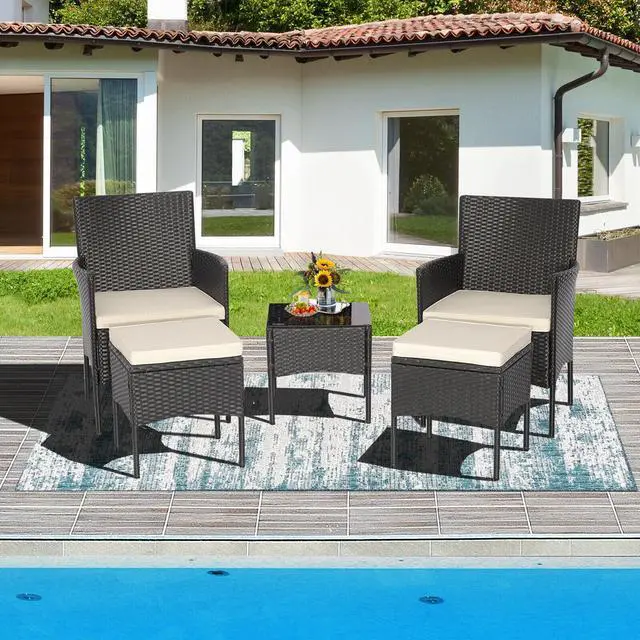 Alt view image 2 of 7 - SlickBlue 5 Pieces Outdoor Wicker Sofa Set with Coffee Table and 2 Ottomans