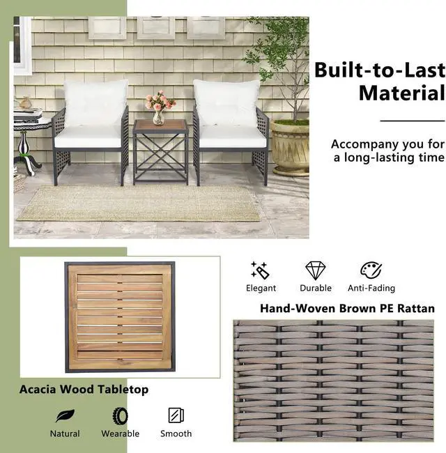 Alt view image 3 of 7 - SlickBlue 3 Pieces Patio Rattan Furniture Set with Acacia Wood Tabletop