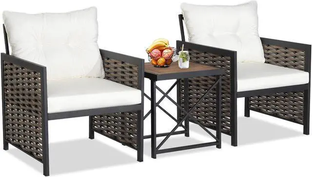 Alt view image 7 of 7 - SlickBlue 3 Pieces Patio Rattan Furniture Set with Acacia Wood Tabletop