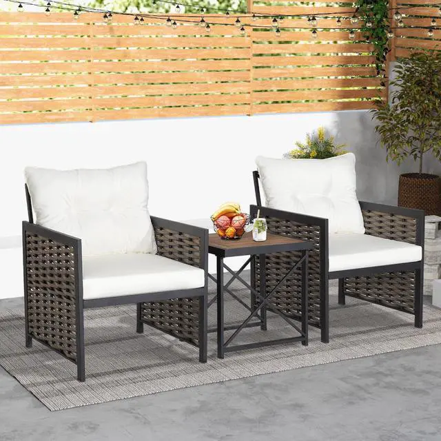 Alt view image 2 of 7 - SlickBlue 3 Pieces Patio Rattan Furniture Set with Acacia Wood Tabletop