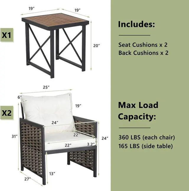 Alt view image 4 of 7 - SlickBlue 3 Pieces Patio Rattan Furniture Set with Acacia Wood Tabletop