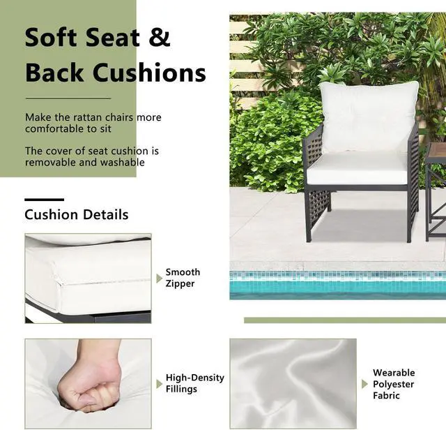 Alt view image 5 of 7 - SlickBlue 3 Pieces Patio Rattan Furniture Set with Acacia Wood Tabletop