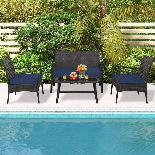Alt view image 2 of 7 - SlickBlue 4 Pieces Rattan Conversation Set with Tempered Glass Coffee Table